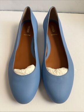 Fendi Women's Powder Blue Leather Flats with Decorative Branded Low Heel